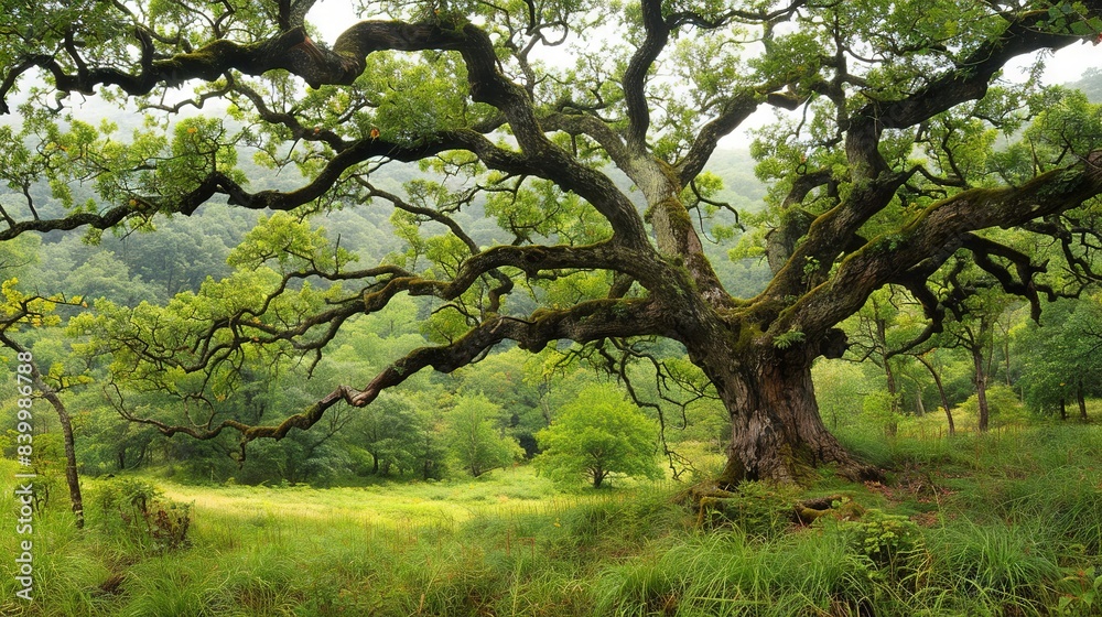 Fototapeta premium A lush forest surrounds an enormous tree, its trunk surrounded by verdant grass while nearby trees are devoid of leaves