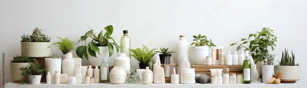 A white background with a lot of green plants and bottles of lotion and other items. Scene is calm and relaxing A white background with a lot of green plants and bottles of lotion and other items. Scene is calm and relaxing