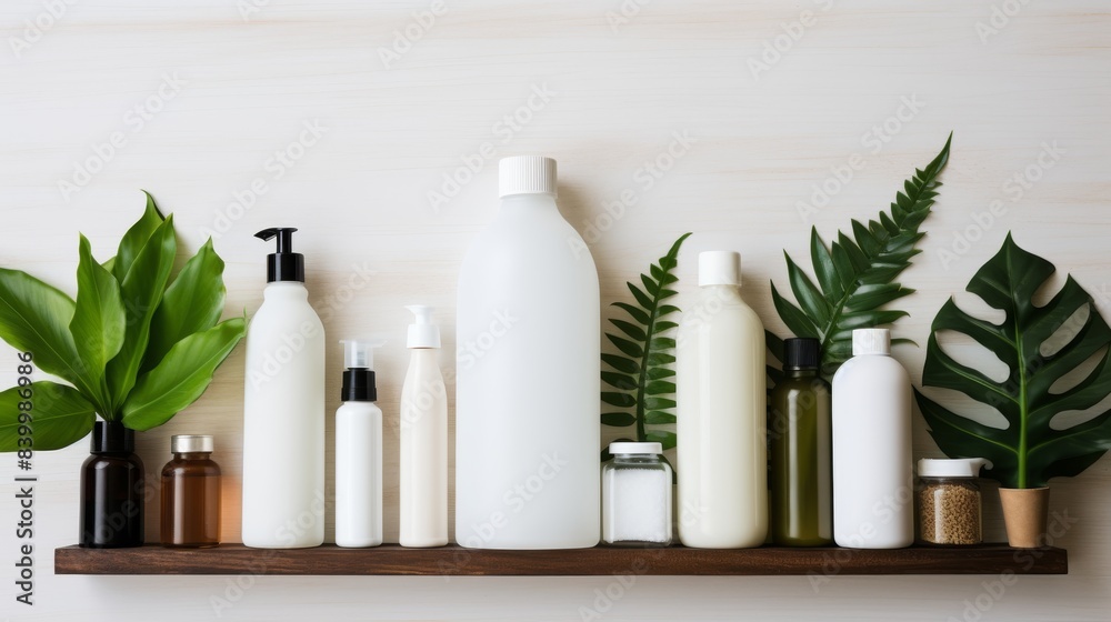 A white background with a lot of green plants and bottles of lotion and other items. Scene is calm and relaxing A white background with a lot of green plants and bottles of lotion and other items. Scene is calm and relaxing