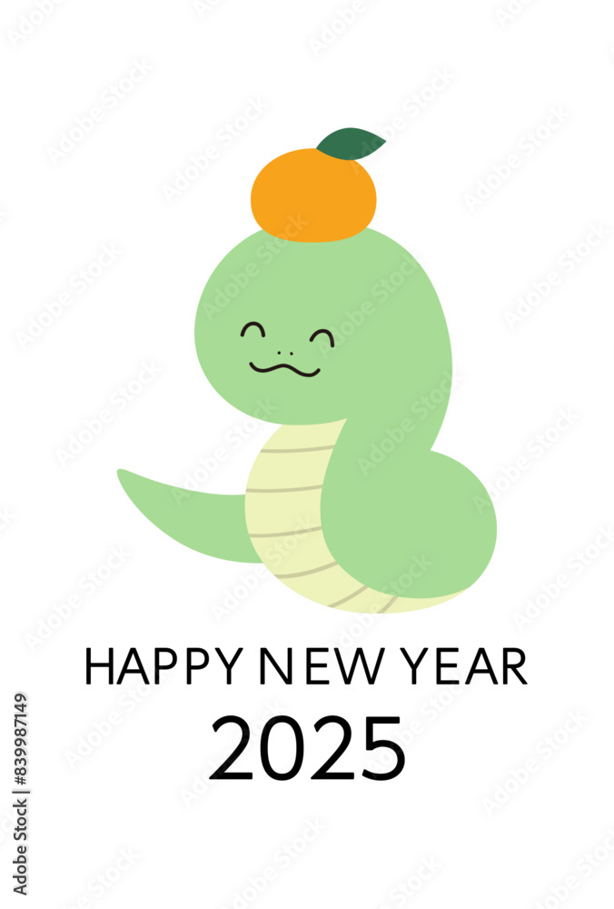 2025年巳年の年賀状テンプレート　蛇年　みかん　かわいい　ベクター	