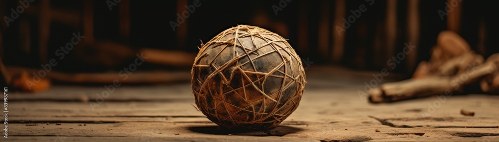 A ball made of string is sitting on a wooden floor. The ball is brown and has a rough texture. The scene is quiet and peaceful, with the ball being the only object in the image A ball made of string is sitting on a wooden floor. The ball is brown and has a rough texture. The scene is quiet and peaceful, with the ball being the only object in the image
