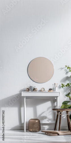 Modern minimalist dressing table in an empty room bathed with natural lighting. Home decor minimalist composition in neutral tonality.