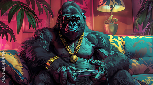 Muscular gorilla in a tight tank top and gold chain sits on a colorful pop art couch, holding a gamepad, focused on the game, with bright colors and geometric patterns in the background