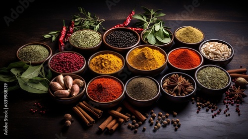 Panorama spices and herbs for food labels. Seasonings and flavors background