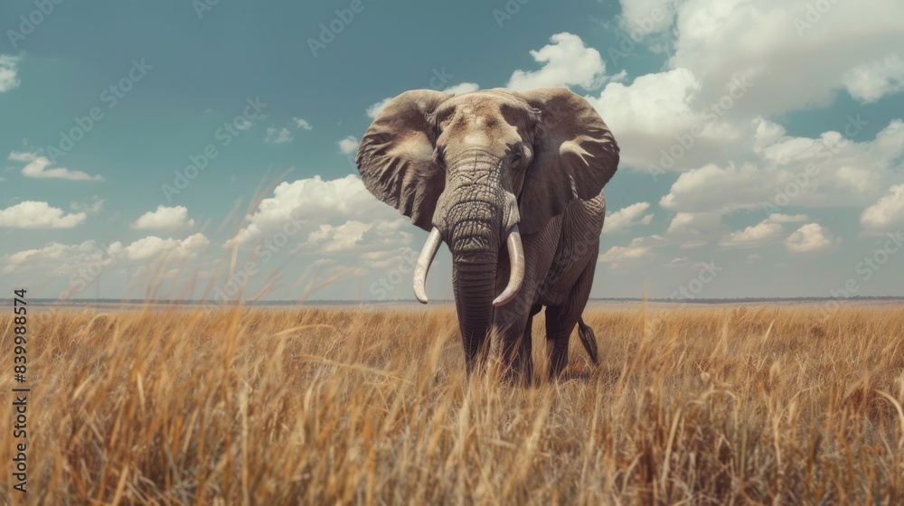 Fototapeta premium African Savannah Panorama, Roaming Elephants Grazing Under Dramatic Sky with Gorgeous Clouds