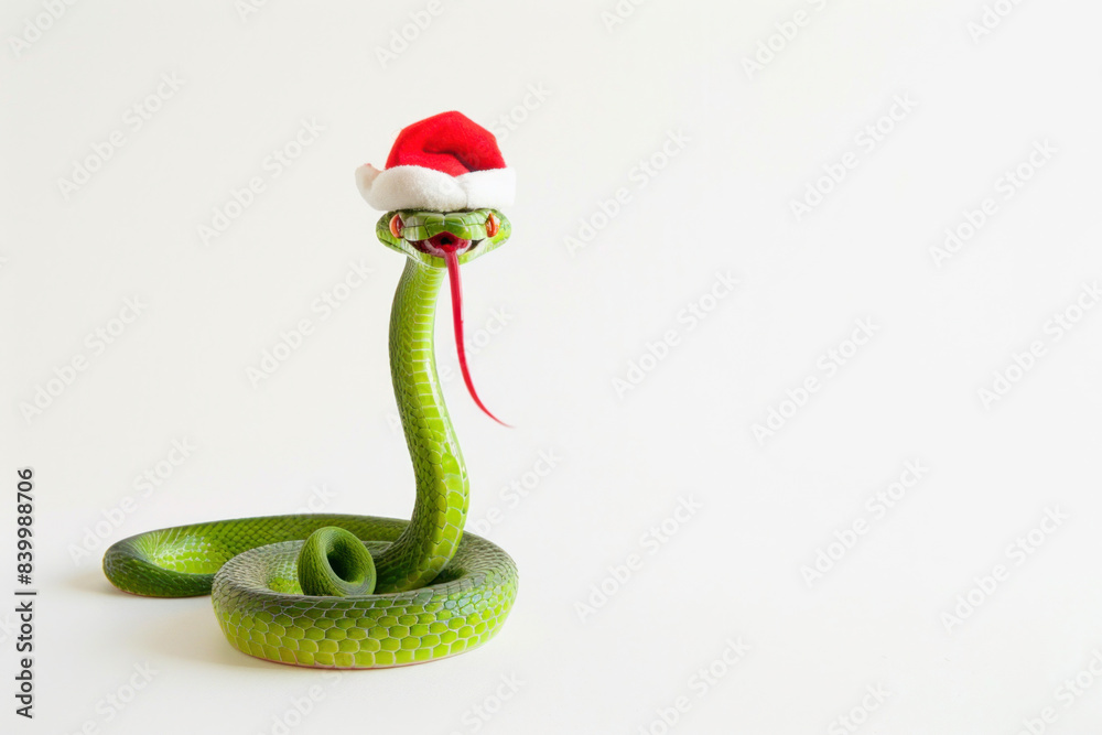 Fototapeta premium An image featuring a green snake wearing a Santa hat set against a white background