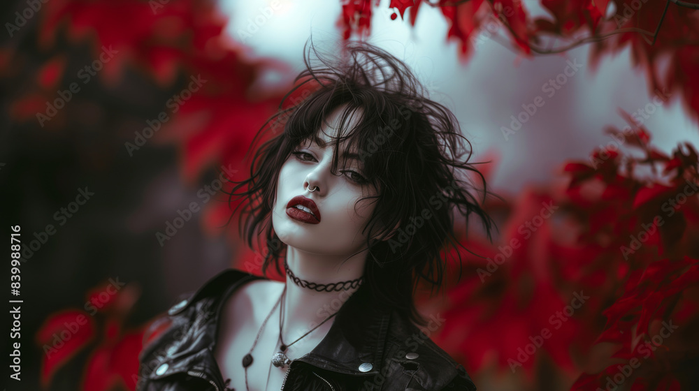 Portrait of a brunette Goth style inspired woman, fashion and make-up shoot. Gothic, Goth, Emo, New Wave, Dark style fashion. Dark smokey make-up, red lipstick. Dramatic. Elegant. Portrait of a brunette Goth style inspired woman, fashion and make-up shoot. Gothic, Goth, Emo, New Wave, Dark style fashion. Dark smokey make-up, red lipstick. Dramatic. Elegant.