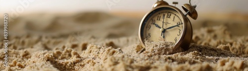 A clock is sitting in the sand, with the hands pointing to the numbers 3 and 9. The time is around 3:00 photo