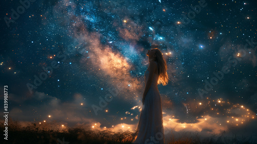 Girl in white dress blowing stardust forming a star shape against a night sky full of stars