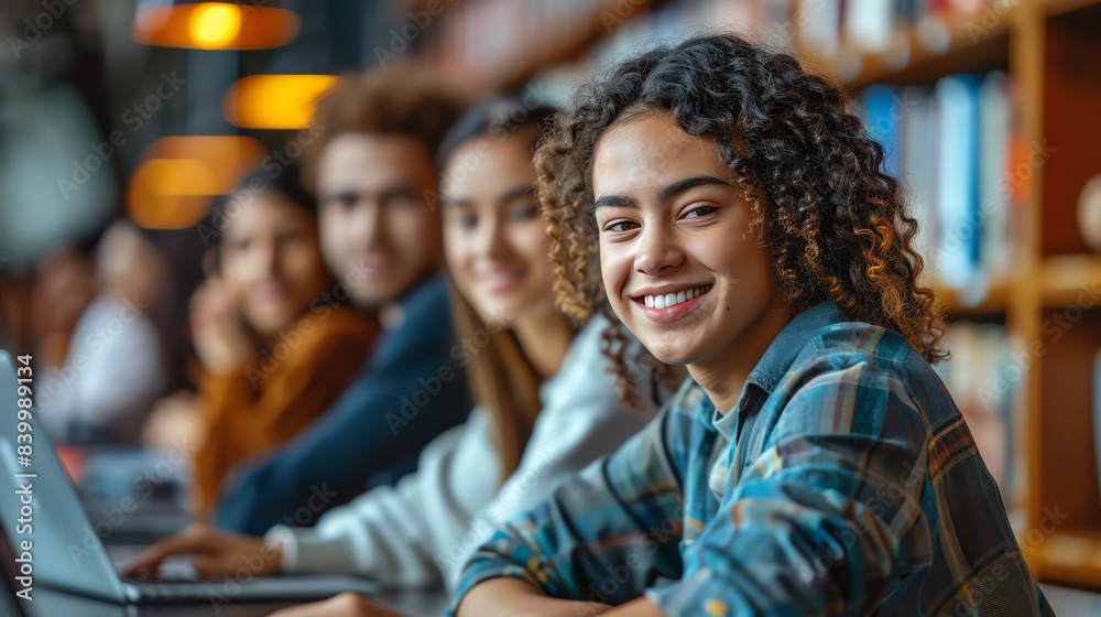Smiling students in a library setting, focusing on diversity and teamwork. Smiling students in a library setting, focusing on diversity and teamwork.