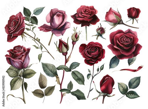 Rose flowers watercolor set. Collection of pink or red roses isolated on white background. Vector illustration