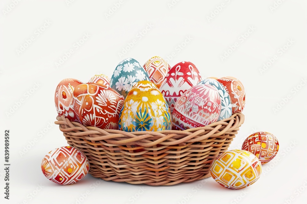 Vibrant Easter eggs with intricate patterns nestled in a basket surrounded by blooming flowers, imbuing a festive mood Vibrant Easter eggs with intricate patterns nestled in a basket surrounded by blooming flowers, imbuing a festive mood