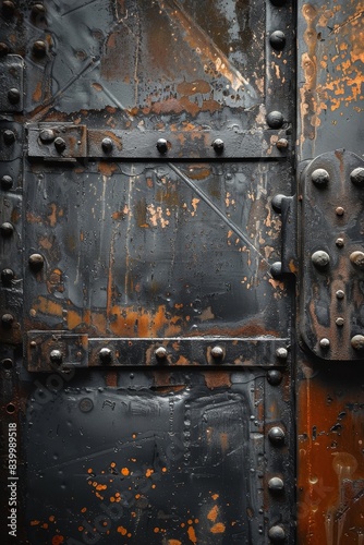 A close up of a metal surface with many holes and screws. The image has a vintage and industrial feel to it