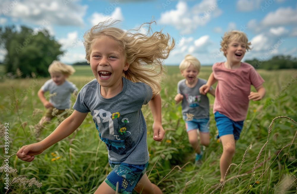 happy children running in the green field