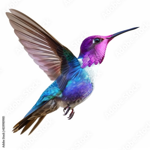 closeup of shiny vibrant flying hummingbird on white background