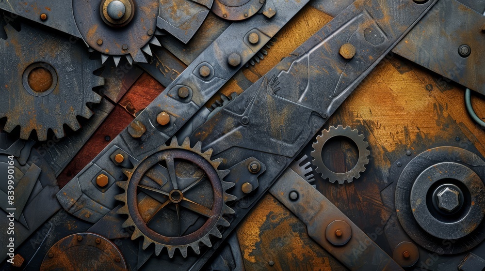 A close up of a metal surface with many holes and screws. The image has a vintage and industrial feel to it A close up of a metal surface with many holes and screws. The image has a vintage and industrial feel to it