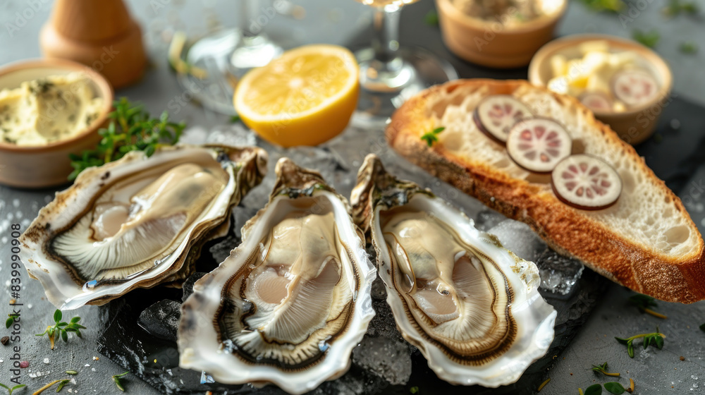French restaurant delights: raw oysters accompanied by lemon, wine, baguette, and butter French restaurant delights: raw oysters accompanied by lemon, wine, baguette, and butter
