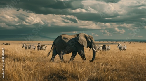 African Savannah Panorama, Roaming Elephants Grazing Under Dramatic Sky with Gorgeous Clouds © Di