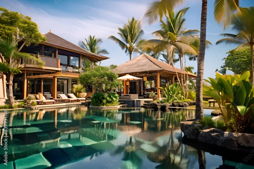 Bali Club Villas in Balinese Style, Luxury Holiday, Vacation in Jungle, Balinese Landscape, Bali Hotel Generative AI Illustration Bali Club Villas in Balinese Style, Luxury Holiday, Vacation in Jungle, Balinese Landscape, Bali Hotel Generative AI Illustration