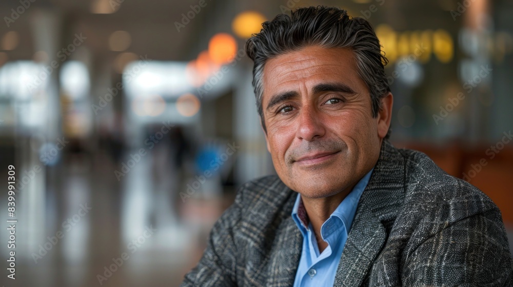 Middle-aged man in a blazer, smiling softly while sitting in a modern airport terminal, conveying warmth and ease. Middle-aged man in a blazer, smiling softly while sitting in a modern airport terminal, conveying warmth and ease.