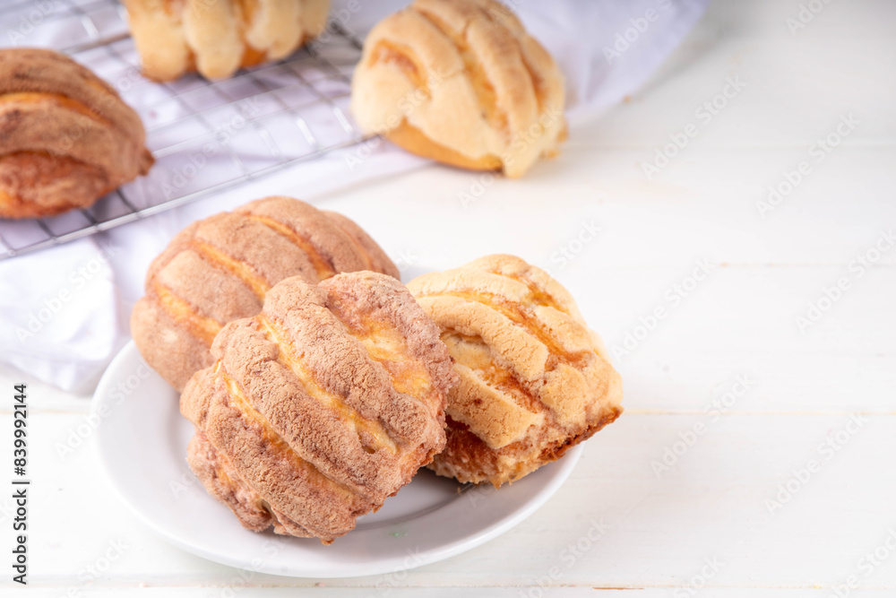 Mexican traditional conchas pastry, cookie or bread bun Mexican traditional conchas pastry, cookie or bread bun