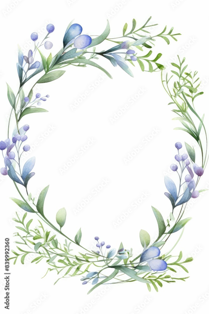 rosemary themed frame or border for photos and text. featuring delicate blue flowers and green foliage. watercolor illustration, white color background. rosemary themed frame or border for photos and text. featuring delicate blue flowers and green foliage. watercolor illustration, white color background.