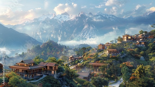 Picturesque mountain village, embodying a global vision concept, with a blend of cultural elements and breathtaking scenery