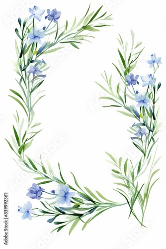 rosemary themed frame or border for photos and text. featuring delicate blue flowers and green foliage. watercolor illustration, white color background.