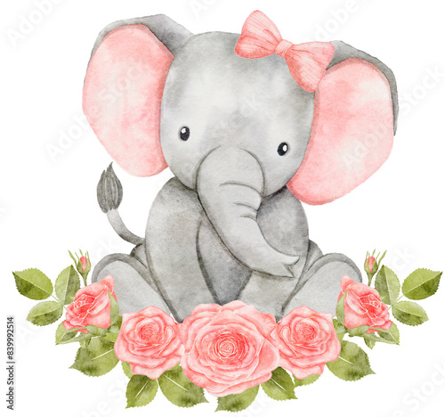 Canvas Print Watercolor baby elephant sitting in flowers wreath