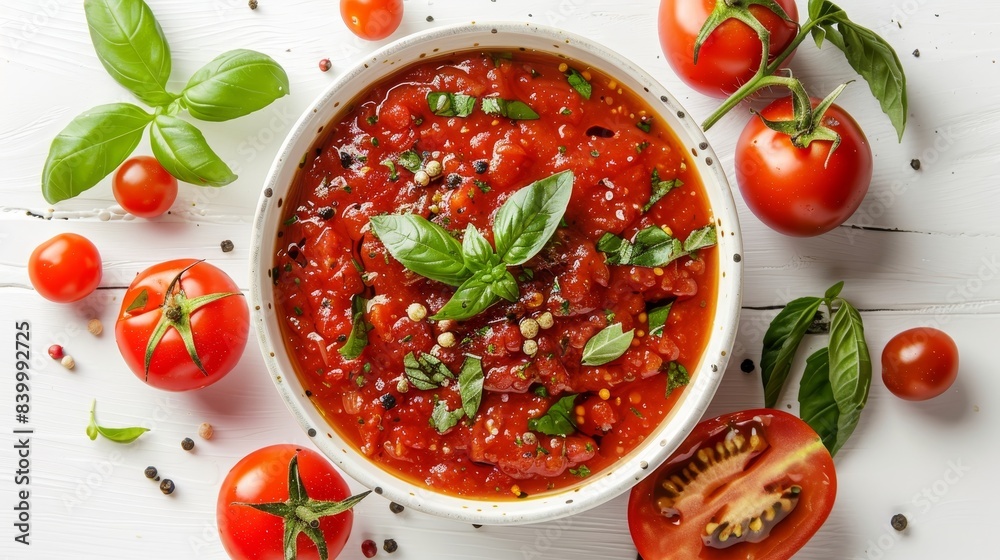 Overhead shot of tomato sauce in a bowl, surrounded by herbs, isolated white background, studio lighting for advertising Overhead shot of tomato sauce in a bowl, surrounded by herbs, isolated white background, studio lighting for advertising