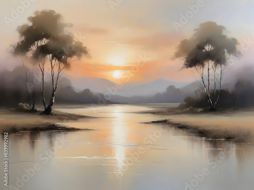 Sunset Lake River Watercolor Landscape