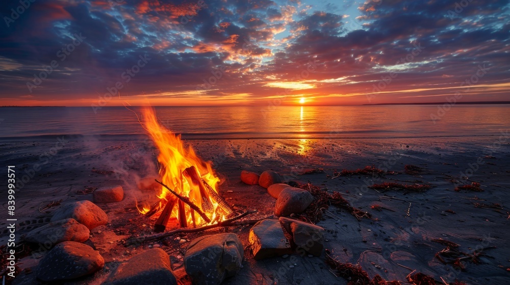 Serene Beach Bonfire at Sunset: Fiery Glow and Long Shadows Serene Beach Bonfire at Sunset: Fiery Glow and Long Shadows