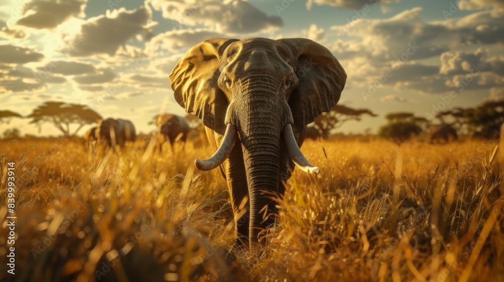 Fototapeta premium African Savannah Panorama, Roaming Elephants Grazing Under Dramatic Sky with Gorgeous Clouds