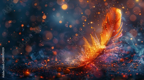 Mystical feather ablaze with bright colors  surrounded by shimmering particles  creating an enchanting and mysterious scene