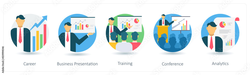 A set of 5 business icons as career, business presentation, training A set of 5 business icons as career, business presentation, training