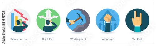 A set of 5 business icons as failure lesson, right path, working hard