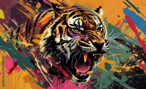a grafiti style artwork of an angry tiger surrounded