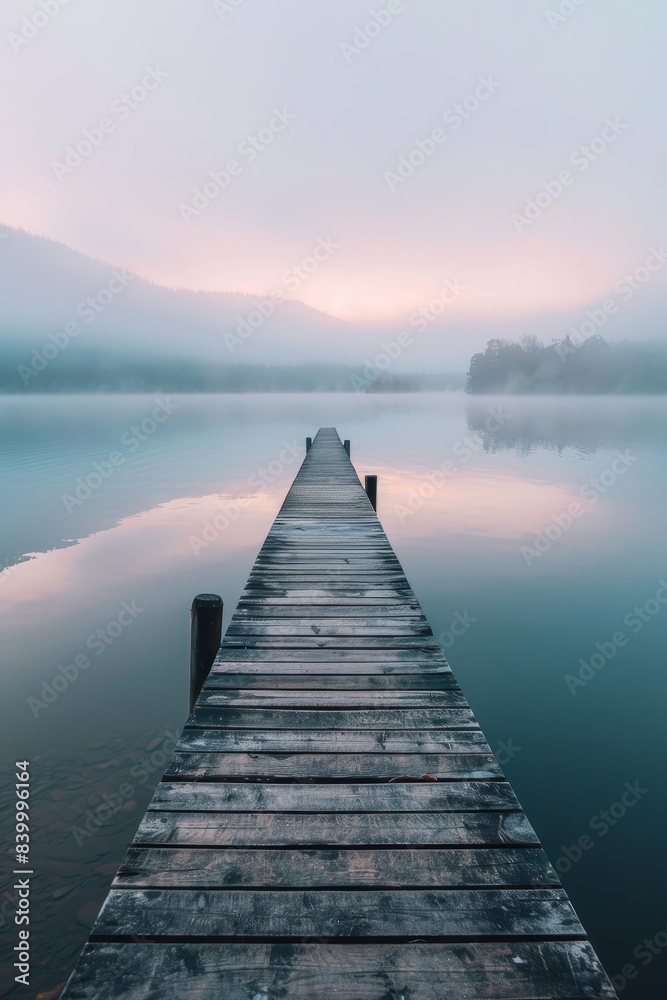 Fototapeta premium A wooden pier with a dock and a small boat. The water is calm and the sky is overcast