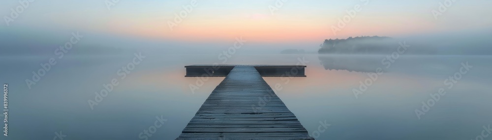Naklejka premium A wooden pier with a dock and a small boat. The water is calm and the sky is overcast