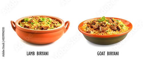 Concept of famous Indian dishes Lamb Biryani and Goat Biryani on a white background.
