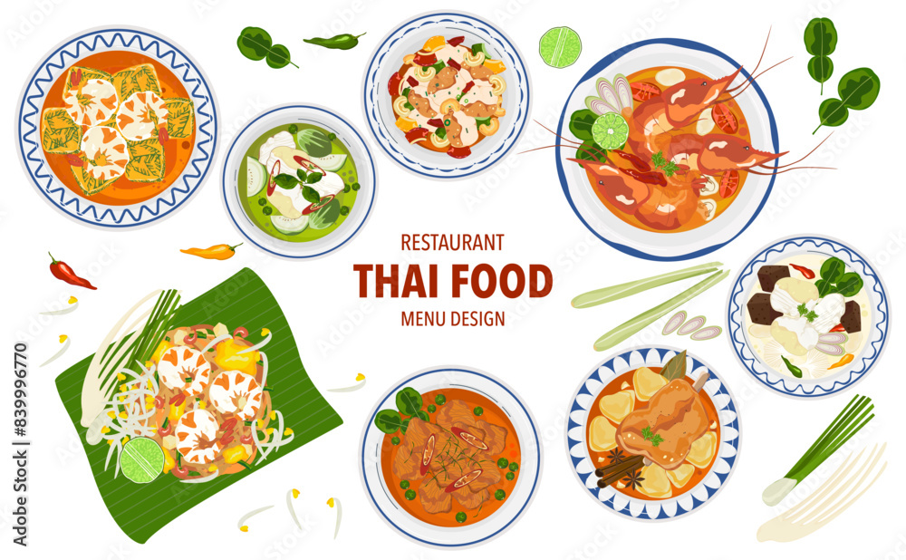 Set of vector banner illustrations with flat letters, delicious food. Thai food, red curry, tom yam, cooking from the top view, recipe, menu, restaurant for food design, poster. and background.
Set of vector banner illustrations with flat letters, delicious food. Thai food, red curry, tom yam, cooking from the top view, recipe, menu, restaurant for food design, poster. and background.