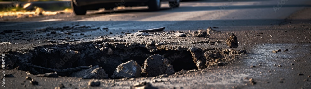 A pothole in the road with water in it. The pothole is surrounded by a dirty, muddy area. The scene is a busy street with cars driving by A pothole in the road with water in it. The pothole is surrounded by a dirty, muddy area. The scene is a busy street with cars driving by