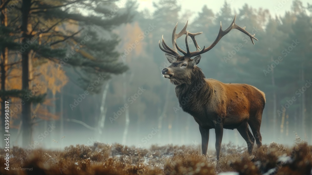 A red deer buck stands in a foggy forest at dawn A red deer buck stands in a foggy forest at dawn