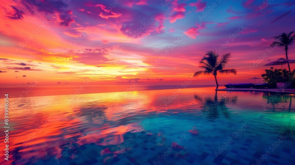 Serene Sunset Reflections: Tropical Infinity Pool Merging with Ocean Horizon