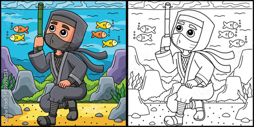 Ninja Hiding Under the Water Coloring Illustration