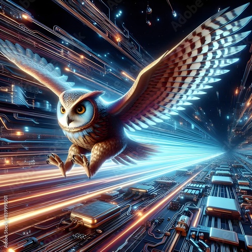 
The development of rapidly changing technology is expressed through the image of an owl flying quickly. It expresses the company's progressiveness and adaptability to changes in the environment. photo