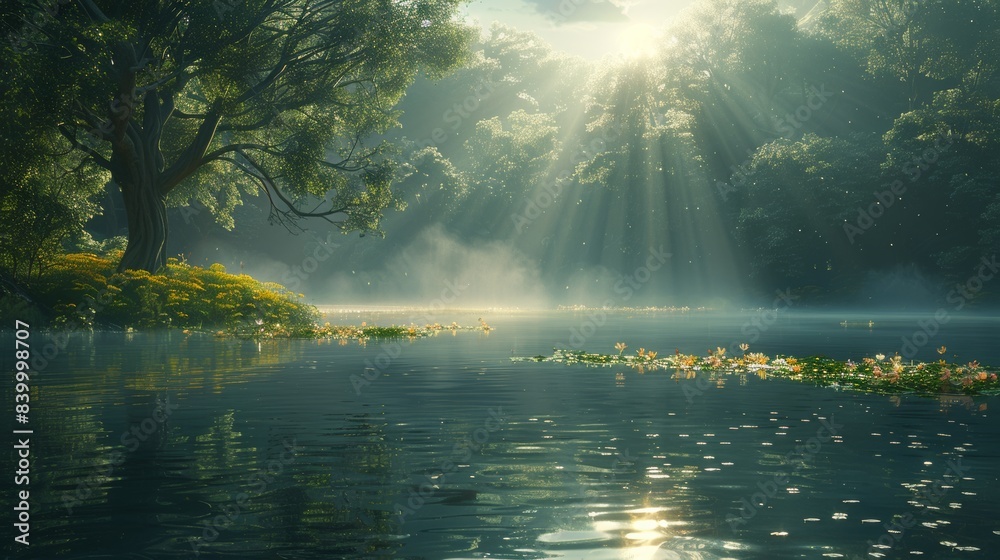 A serene reservoir reflecting the morning sun rays A serene reservoir reflecting the morning sun rays