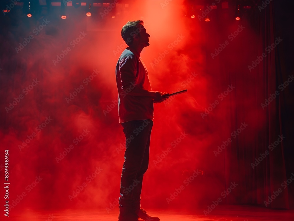 Proud and confident man standing on an illuminated stage receiving an award for his outstanding business Proud and confident man standing on an illuminated stage receiving an award for his outstanding business