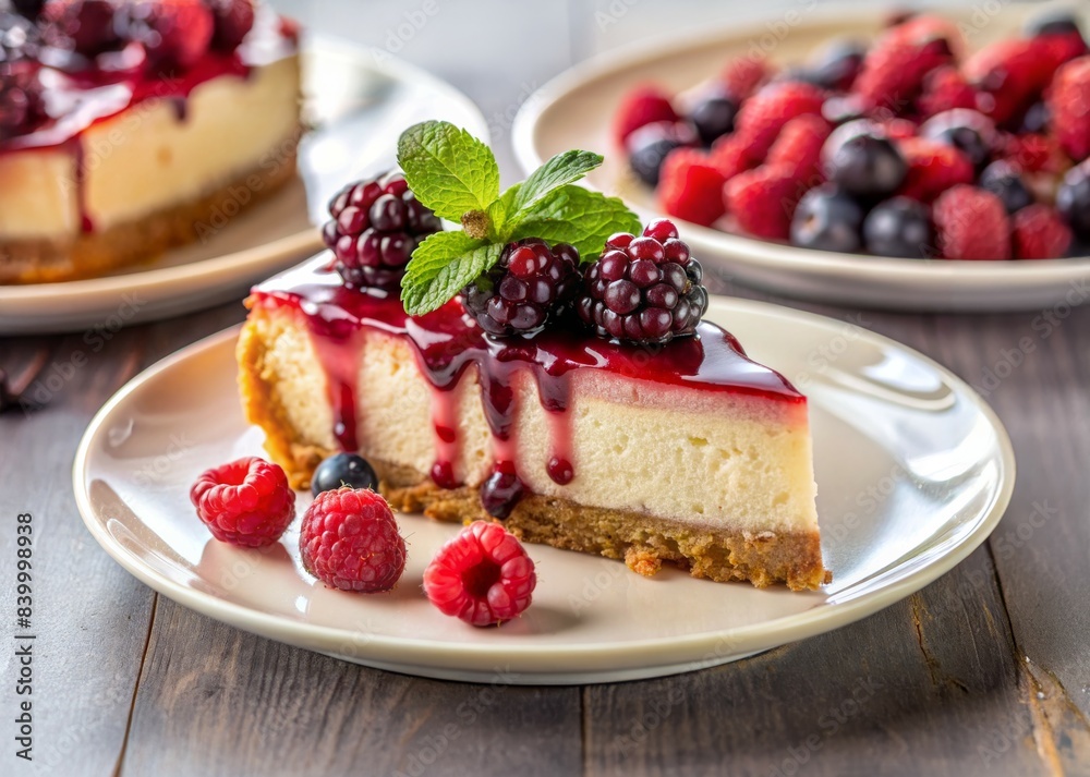Cheesecake with fresh berries and mint in a circular plate on a gray background. Cheesecake with fresh berries and mint in a circular plate on a gray background.