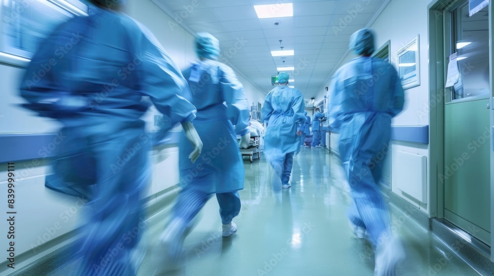Blurred silhouettes of medical personnel rushing down a hospital corridor